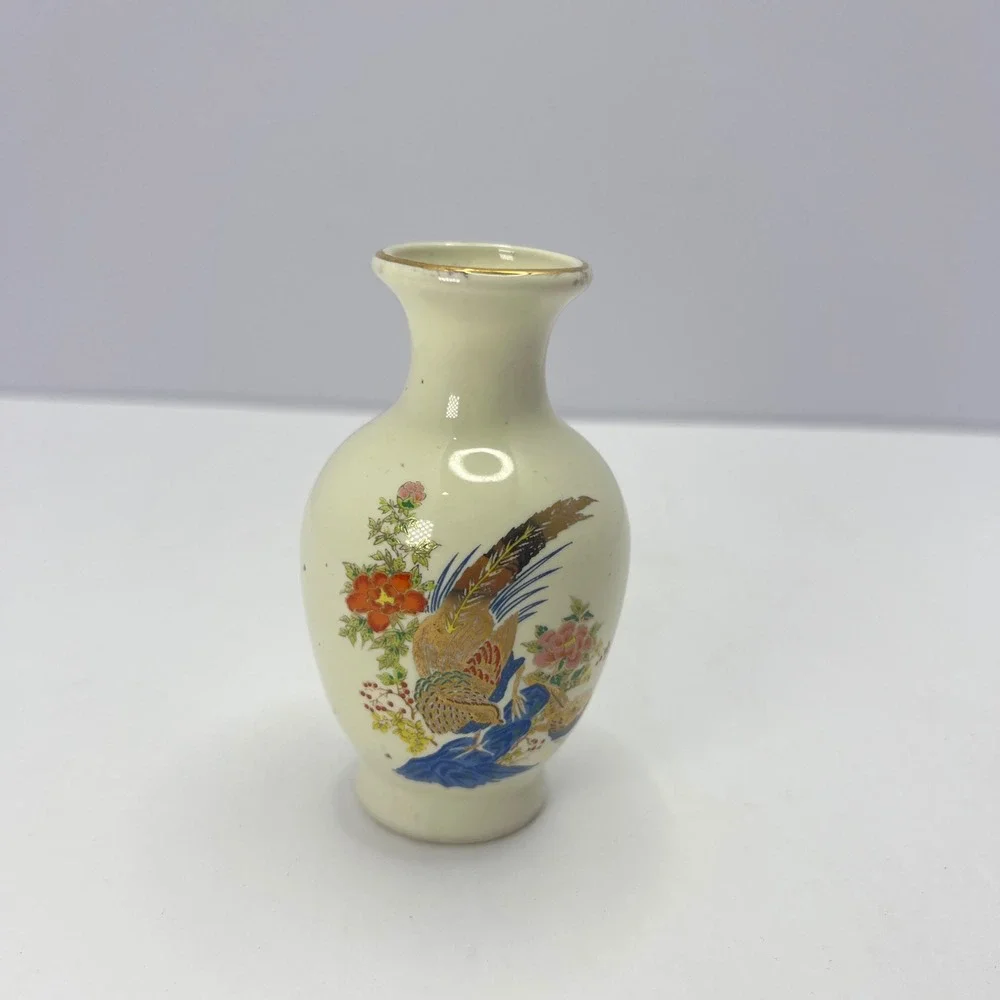 Vintage Bud Vase Pheasant Floral Gold Trim Chinoiserie Decor Grandmillennial